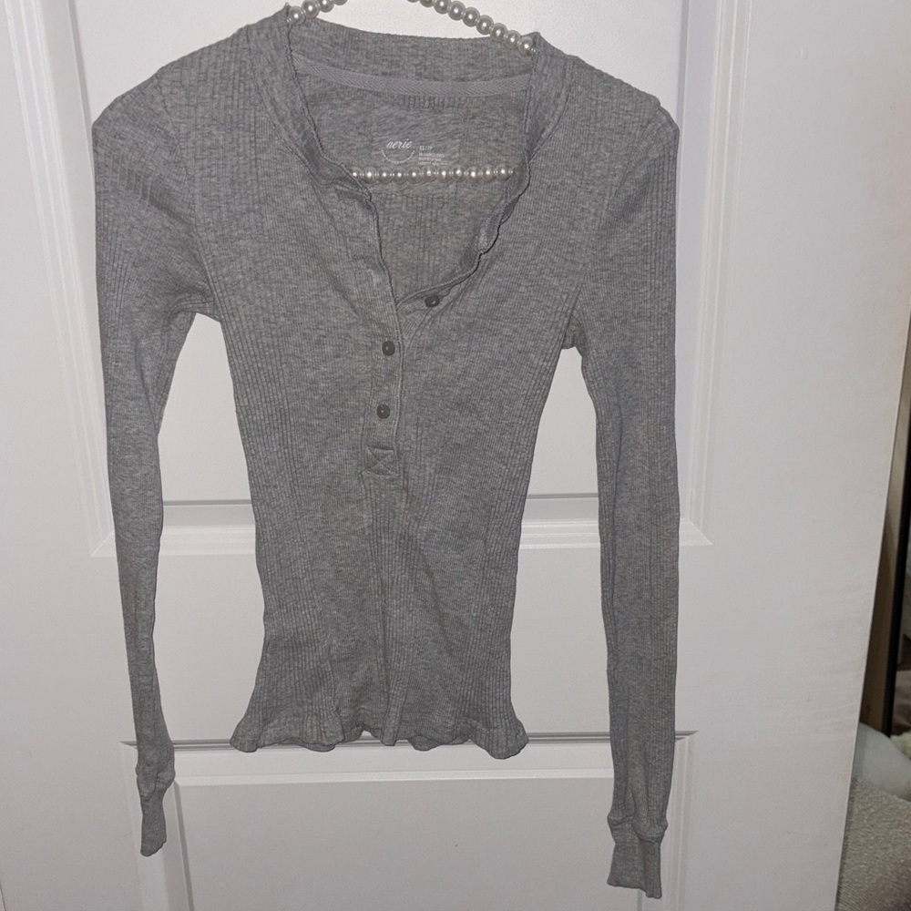Aerie Gray Button Down Ribbed Shirt